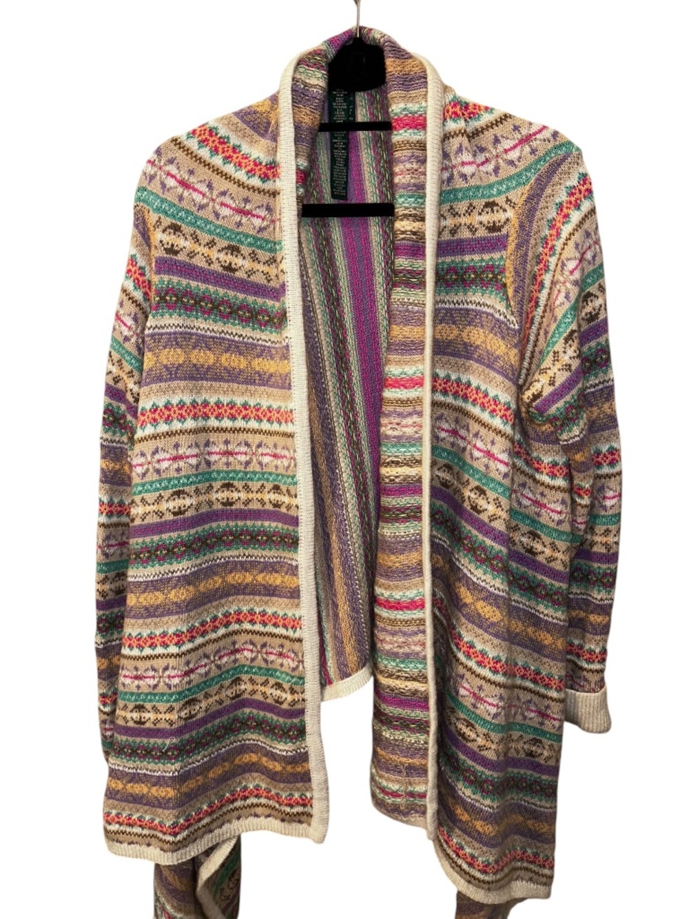 Ralph Lauren neutral colors Fair Isle cardigan sweater shawl wrap M/L
